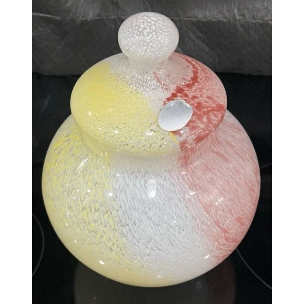 Crystal Clear Apothecary Jar Italy Art Glass Pink Yellow White Swirl 10